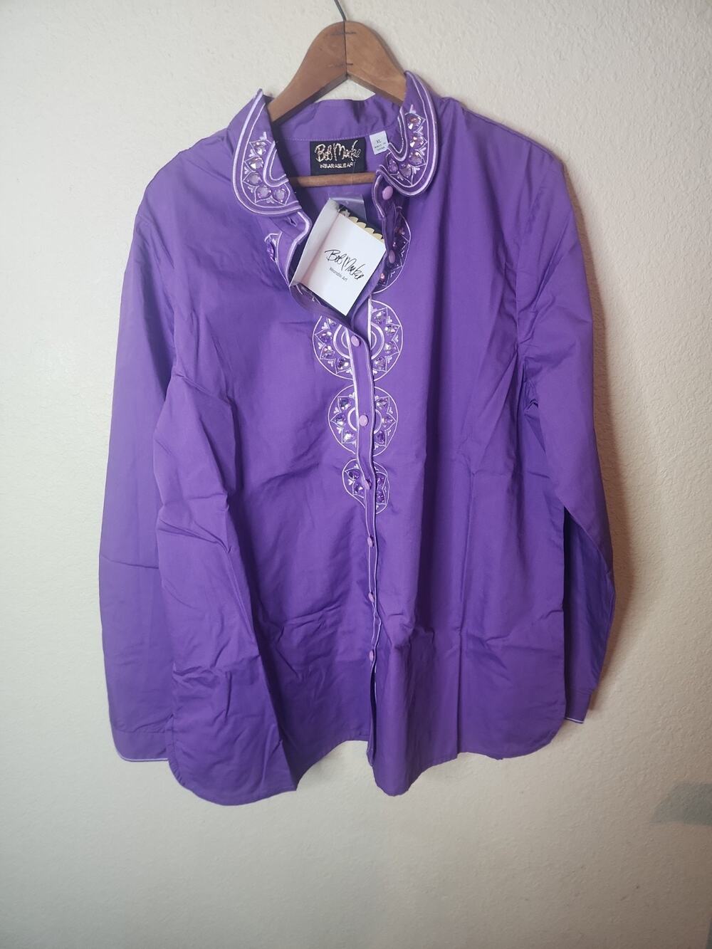 Bob Mackie Womens Purple Long Sleeve Button Up Shirt Size XL Embroidered